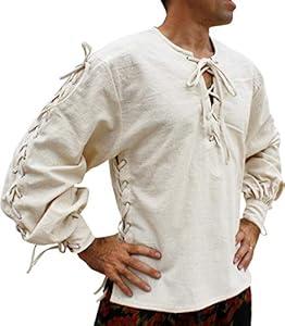 Svenine Handmade Cotton Renaissance Pirate Shirt Long Tied Up Medieval Sleeves, Medium, Muang Cotton - Cream