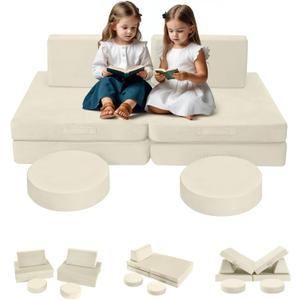 MeMoreCool Modular Kids Play Couch  8-Piece Beige Foam Sofa and Fort Set Soft Washable Cushions | Creative Toddler Furniture | Indoor Climber & Playroom Gift (Warm Ivory)