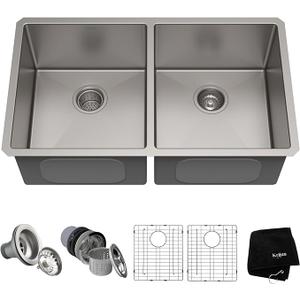 KRAUS Standart Pro 33 -inch Undermount 50/50 Double Bowl 16 Gauge Stainless Steel Kitchen Sink, KHU102-33