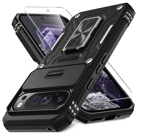DEERLAMN Case for Google Pixel 9 Pro XL with Slide Camera Cover+Screen Protector(1 Pack), Rotated Ring Kickstand Military Grade Shockproof Protective Cover-Black