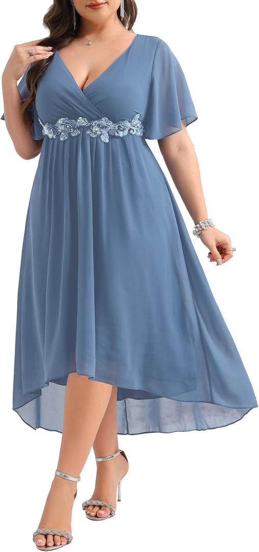 TALISEA Plus Size Dresses Wedding Guest - Formal Cocktail Chiffon Appliques V Neck Ruffle Short Sleeve High Low Dress Women (Grey Blue, 16 Plus)