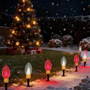 2 Pack Jumbo Red and White C9 Christmas Pathway Lights, 14ft Outdoor Decorative Lights with Energy-Efficient LED Bulbs, Waterproof for Yard, Garden, Porch, and Walkway - UL Listed (7FT)