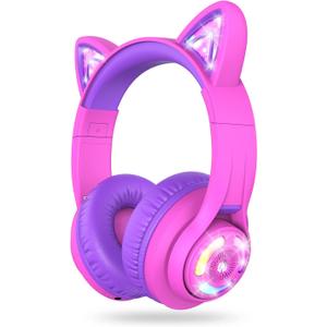 iClever Cat Ear Kids Bluetooth Headphones, LED Lights Up, 74/ 85dBA Safe Volume Limited, 50H Playtime, Bluetooth 5.2, USB C, Kids Headphones Wireless for Travel iPad Tablet, Meow Macaron Hot Pink