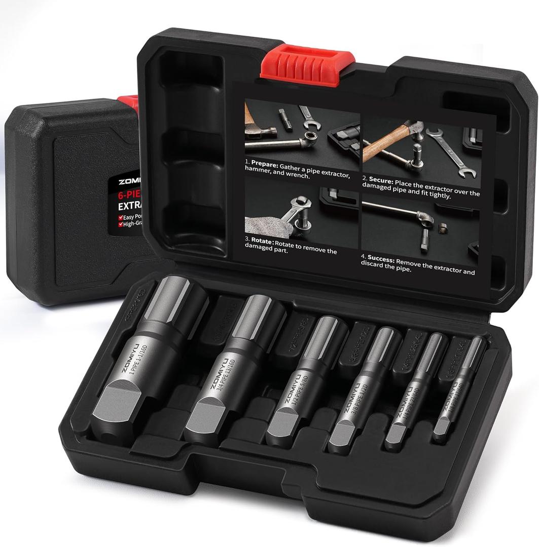 6-Piece Pipe Extractor Set, Heavy Duty Broken Pipe Nipple Extractor for Removing Damaged Threaded Fittings & Stripped Pipes, 1/8" to 1" (Fits 1/2", 3/4" Water Pipes), with Durable Storage Case