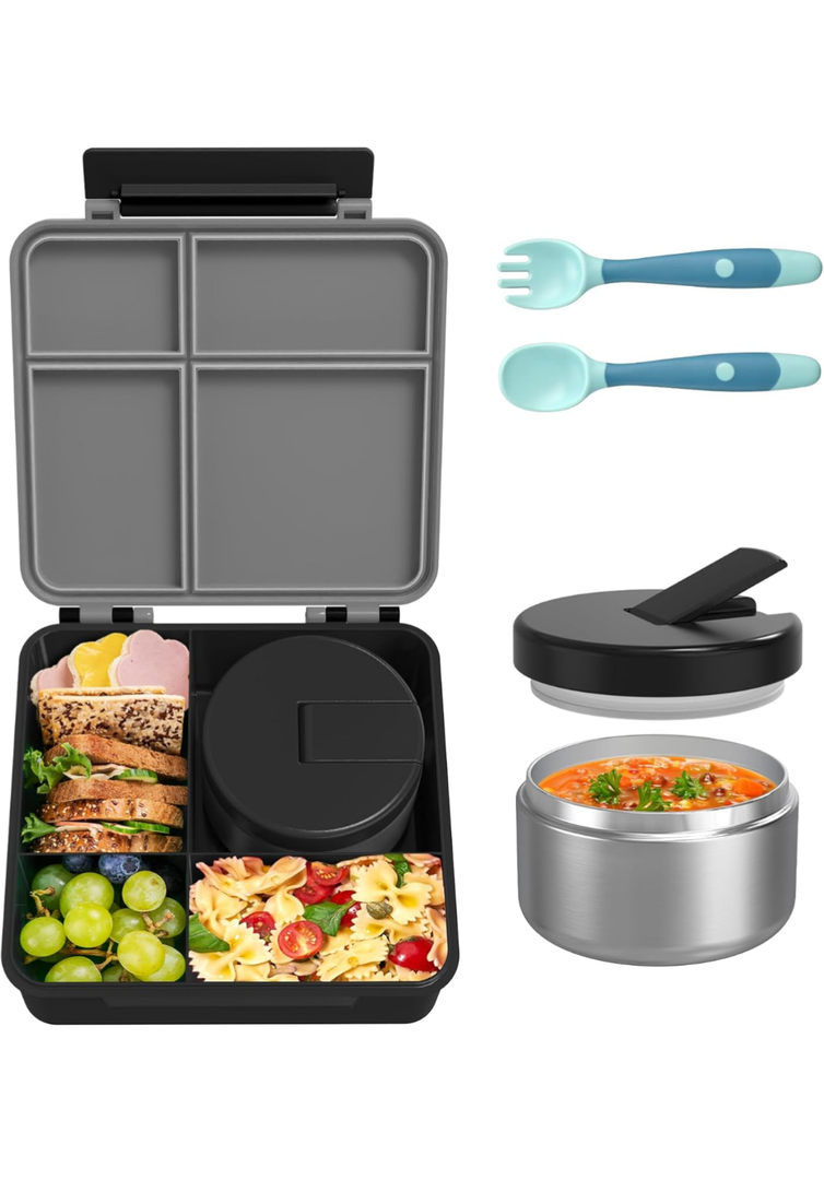 Bento Lunch Box with 8oz Soup Thermo, Leak-Proof Lunch Containers with 4 Compartment, Thermo Hot Food Jar and Insulated Lunch Box for School Black