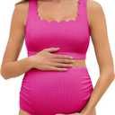Summer Mae Scalloped Maternity Swimsuits for Women High Waist Bathing Suit Pregnancy Two-Piece Bikini Tie Knot Swimwear Hot Pink 8