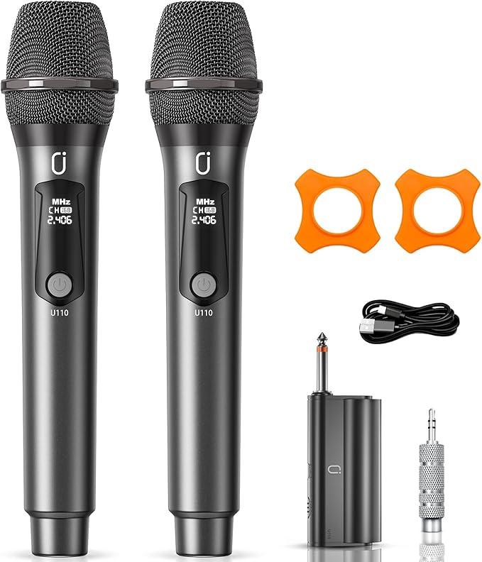 Wireless Microphones, Two Rechargeable Bluetooth 5.3 Microphones for Karaoke Singing, Rechargeable Dynamic Mic System with Receiver for Church, Party, Meeting, Speech, PA System, Plug and Play