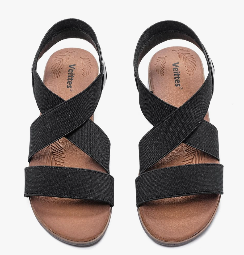 Veittes Women's Flat Slide Sandals - Comfortable Elastic Ankle Strap Flat Summer Sandals. standard size 8.5