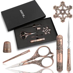 Embroidery Scissors Kits, Sewing Kit with Sewing Needle Case, Complete Vintage Sewing Tools, European Style Sewing Scissors, Thimble and Metal Floss Bobbin for Needlework, Sewing, Craft(Coppery)