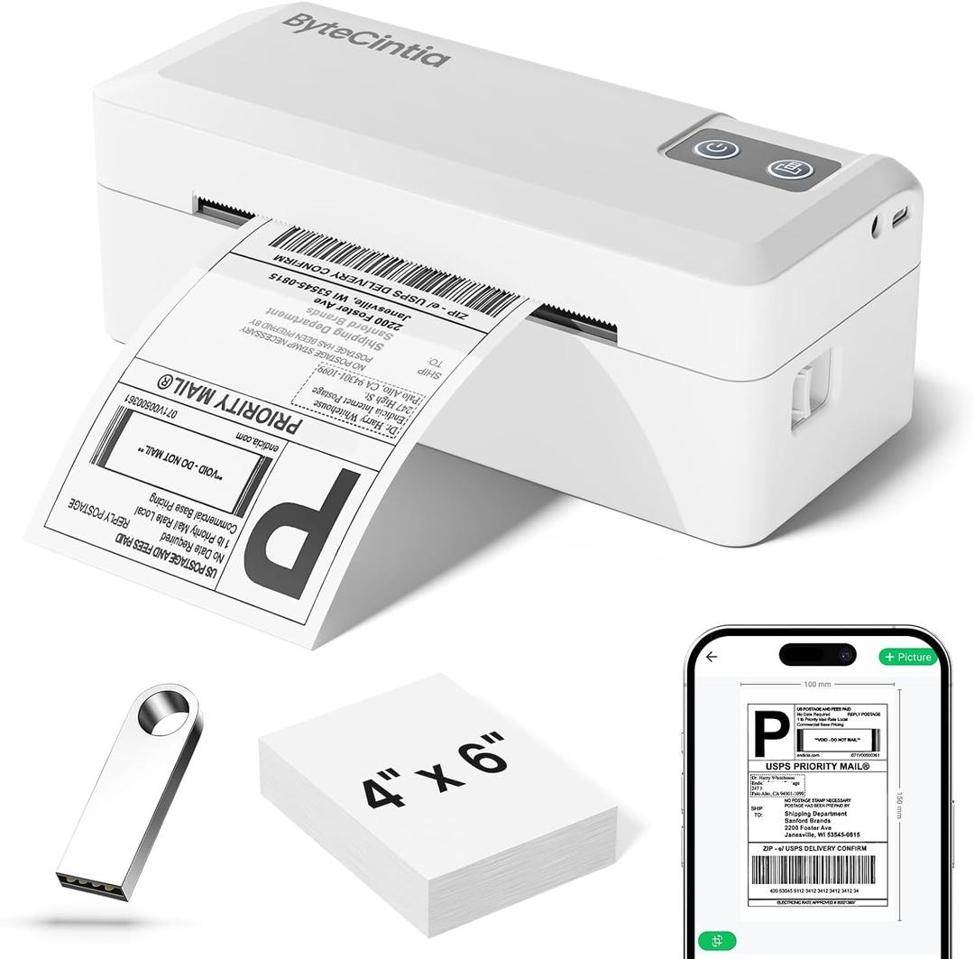 ByteCintia Bluetooth Thermal Shipping Label Printer, 4x6 Shipping Label Printer for Small Business, Support Android, iOS, Windows & Mac, Works with Amazon, Ebay, Shopify, Etsy