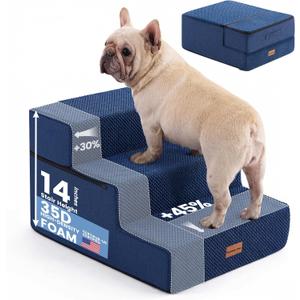 Gardner Pet Dog Stairs for Small Dogs 14" H, 3-Step Extra Wide Dog Steps for Bed, Pet Stairs for Bed and Couch with Durable Non-Slip Waterproof Fabric Cover and Soft Foam, Navy (18"x22"x14")