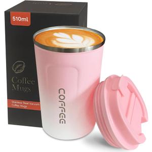 YINBAOGE Insulated Travel Coffee Mug, Spill & Leak Proof, Portable To Go Camping Stainless Steel Coffee Tumbler, Reusable Thermal Coffee Cup with Lid for Hot & Cold Drinks (2nd-Pink White, 17 OZ)