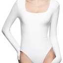 PUMIEY Body Suit for Women Sexy Long Sleeve Bodysuit Shirts Square Neck Going Out Tops, Splashed White Large