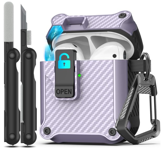 RFUNGUANGO for Airpods 2nd and 1st Generation Protective Cases Automatic Pop-up with Safety Lock Clip, Full Body Shockproof Hard Case with Keychain (Cleaning Tool)- Purple