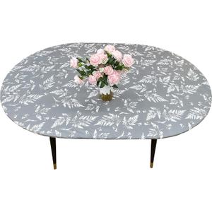 LIBERECOO Oval Fitted Vinyl Tablecloth with Flannel Backing - Fits 48 x 68 Inch Oval Table - Gray Geometric Pattern - Elastic Edged for Secure Fit, Waterproof Wipeable Plastic Table Cover (Grey Leaves)
