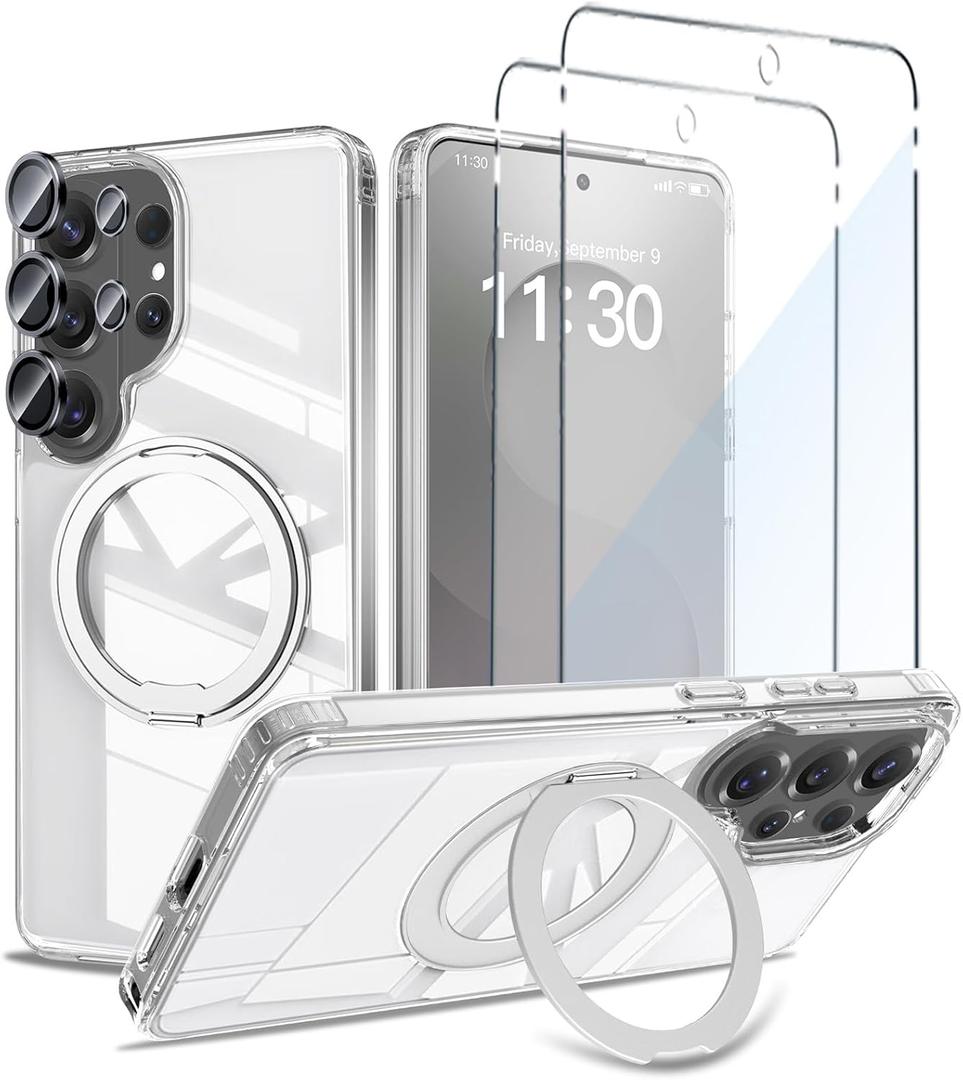 Magnetic Case for Samsung Galaxy S26 Ultra,S26 Ultra Case with 360 Rotatable Ring Stand[Compatible Magsafe],Transparent Screen Protector,Camera Lens Protector,Shockproof Galaxy S26 Ultra Case,Clear