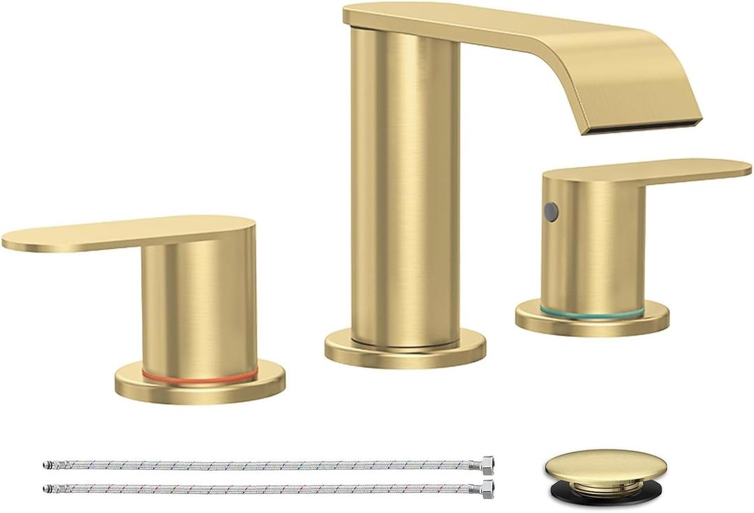 Homevacious Brushed Gold Bathroom Faucet 3 Hole 8 Inch Widespread Waterfall Bathroom Sink Faucets 2 Handles with Pop-up Drain and Supply Lines for Bath Vanity Commercial Lavatory Rv Restroom