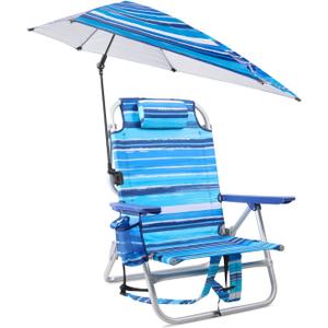 LEMBERI Backpack Beach Chair with Umbrella for Adults,1/2 Pack Folding Heavy Duty Camping Chair with Large Pockets and Cup Holder,Adjustable high Beach Lounge Chairs with Towel Rack (1, Blue)