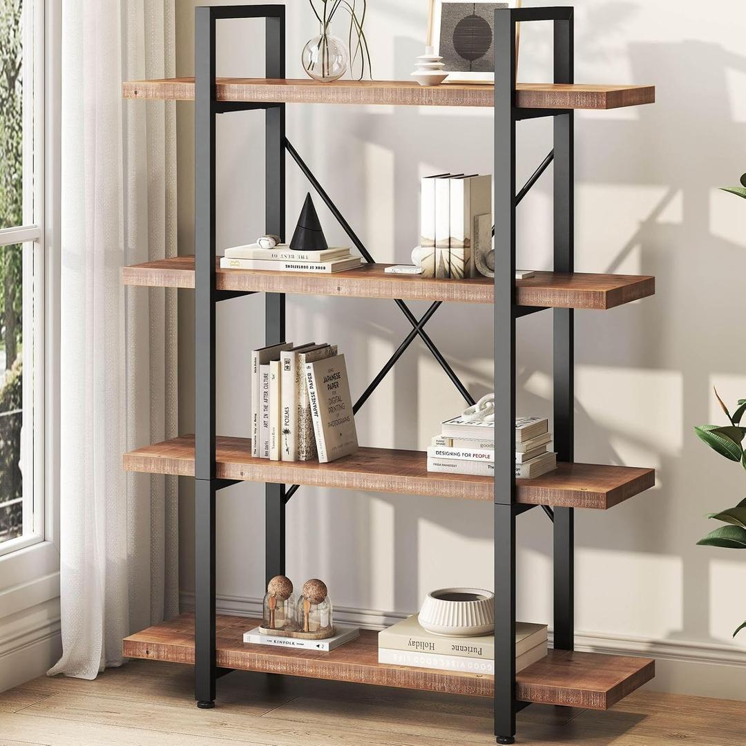 HSH Industrial 4 Tier Solid Wood Bookcase, Real Natural 4 Shelf Rustic Wooden and Metal Bookshelf, Farmhouse Open Vintage Etagere Book Shelf for Office Living Room Bedroom Storage, Distressed Brown