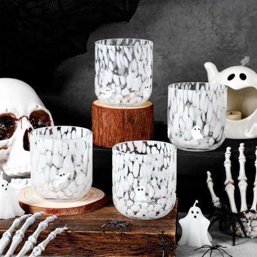 FoldTier 1 Pcs Thanksgiving Fall Icon Glass Cup 14 oz Icon Glass Cups Stemless Double Old Fashioned Blown Cocktail for Women Friends Lovely Halloween Gifts(Ghost)