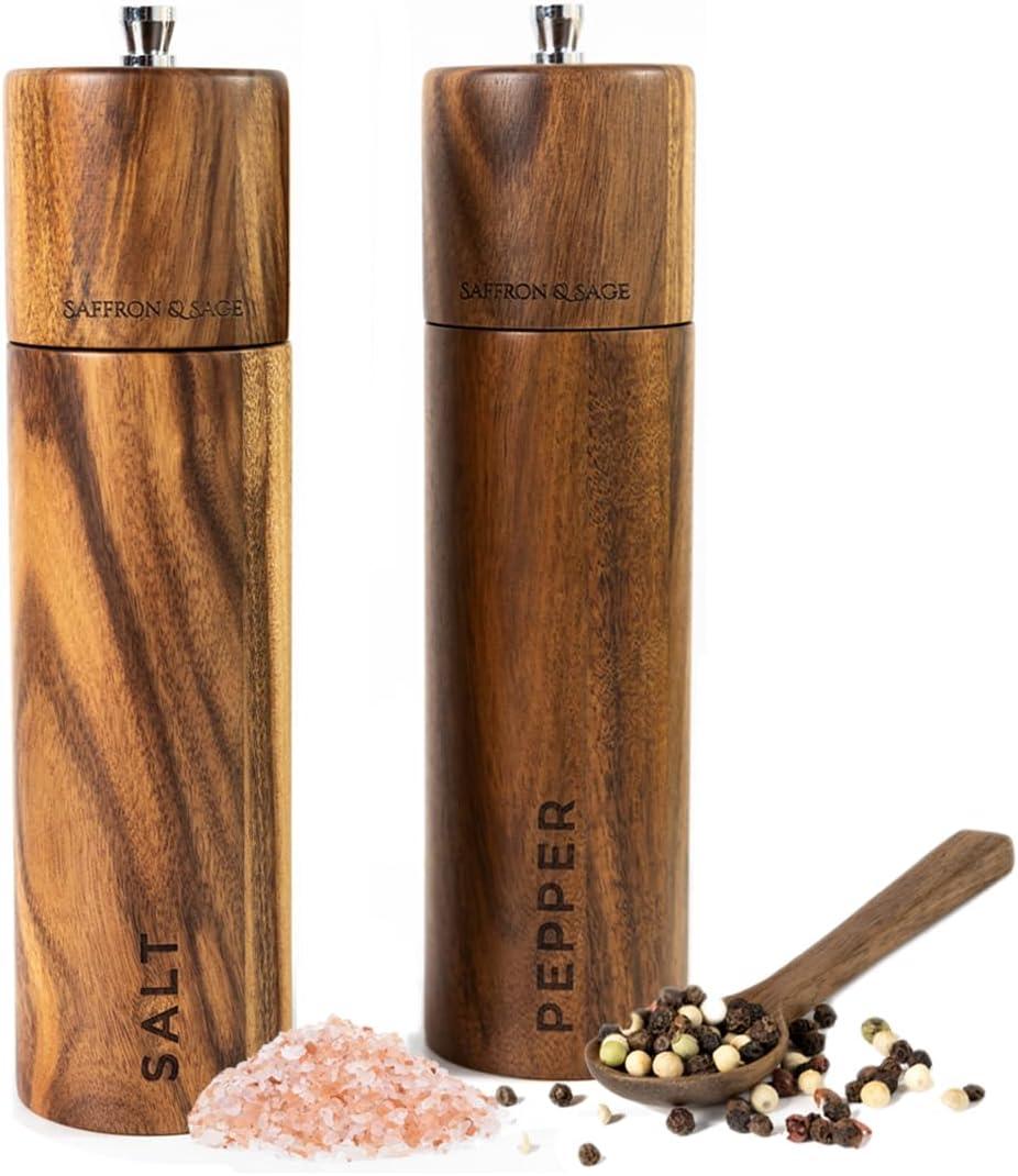 Saffron & Sage Premium Acacia Wood Salt and Pepper Grinder Set of 2-8 Tall Salt and Peppercorn Mill with Adjustable Coarse Settings, Rust Resistant, Smooth and Quality Grinding Mechanism