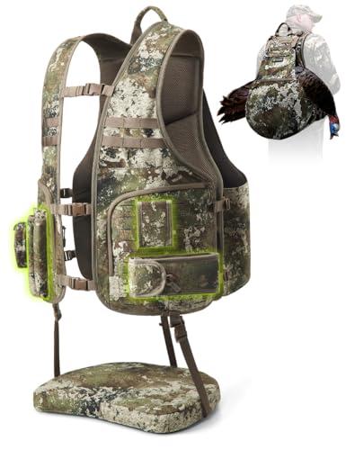 TIDEWE Turkey Vest with Seat, MOLLE System Tactical Hunting Vest with 4 Modular Add-Ons, Turkey Hunting Vest for Men & Women, Truetimber Strata