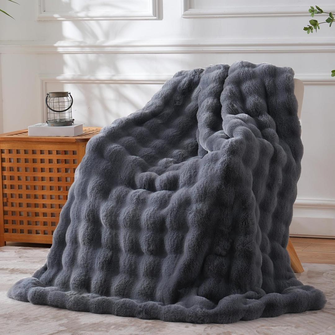 Faux Fur Throw Blanket for Couch - Thickened Fluffy Soft Bubble Blanket for Living Room Home Decor - Fathers Day Birthday Gifts for Women Men, Grey, 50" x 60", 1300GSM