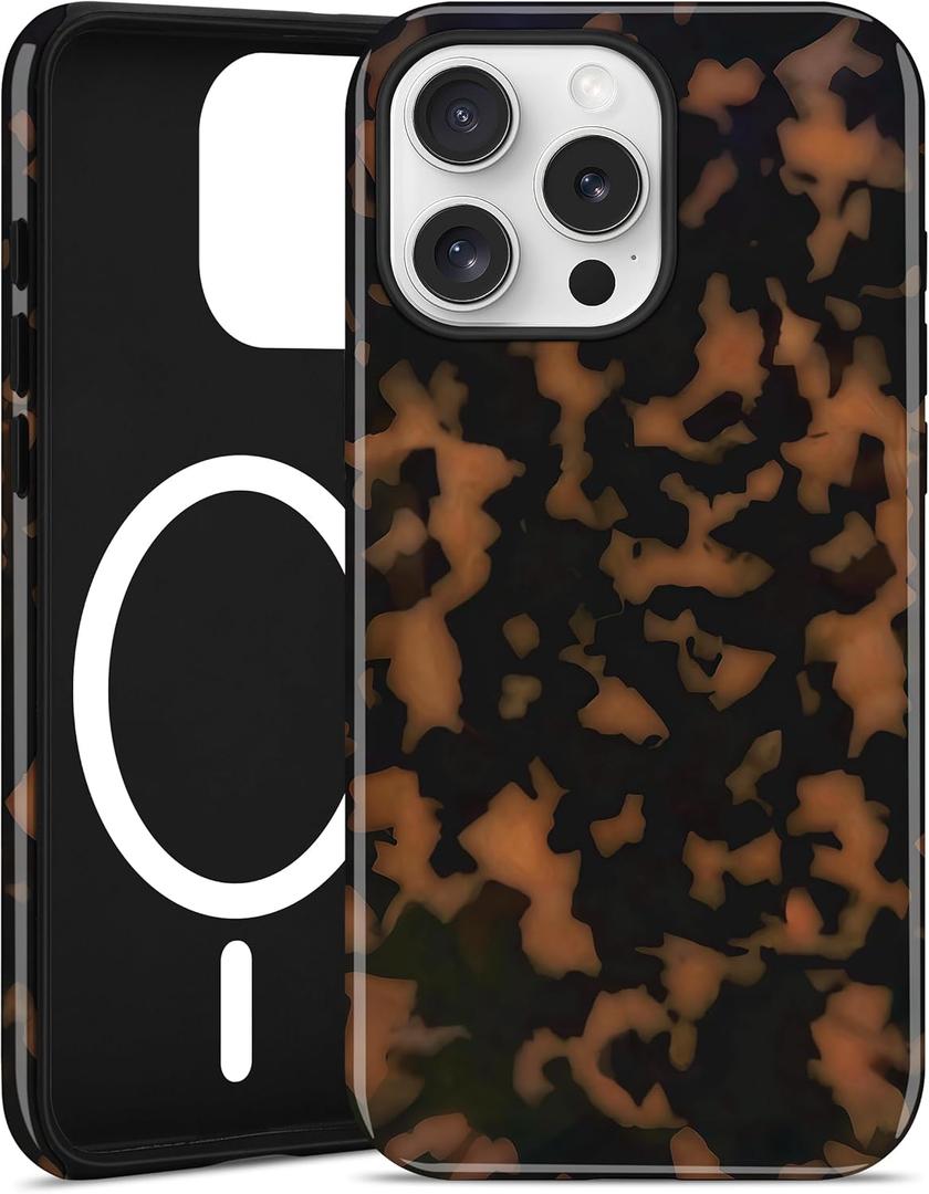 Jusy Compatible with MagSafe Brown Tortoise Shell Print Phone Case for iPhone 16 Pro Max, Amber Trendy Luxury Magnetic Soft TPU and Hard PC Protective Phone Cover for Women Girls - Yellow