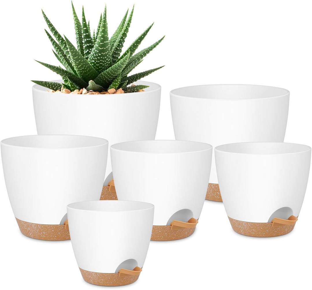 QRRICA Plant Pots 8/7/6.5/6/5.5/5 Inch Self Watering Pots, Set of 6 Plastic Planters with Drainage Holes and Saucers,Plastic Flower Pots,Nursery Planting Pot for Indoor Out Door PlantsWhite