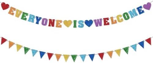 Glitter Everyone is Welcome Banner, First Day of School Classroom Pennant Banner Long Colorful Flag Welcome Back to School Hanging Ornaments Classroom Decoration Supplies, Set of 2