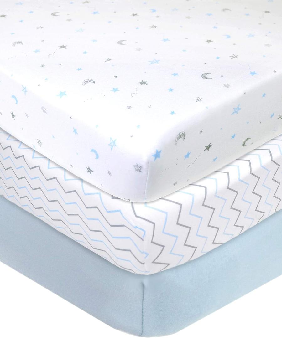 American Baby Company 3 Pack 100% Natural Cotton Fitted Crib Sheets 52" x 28" - Soft, Breathable, Hypoallergenic & Gentle Toddler Bed Sheets, Blue Star/Zigzag, Neutral for Boys & Girls