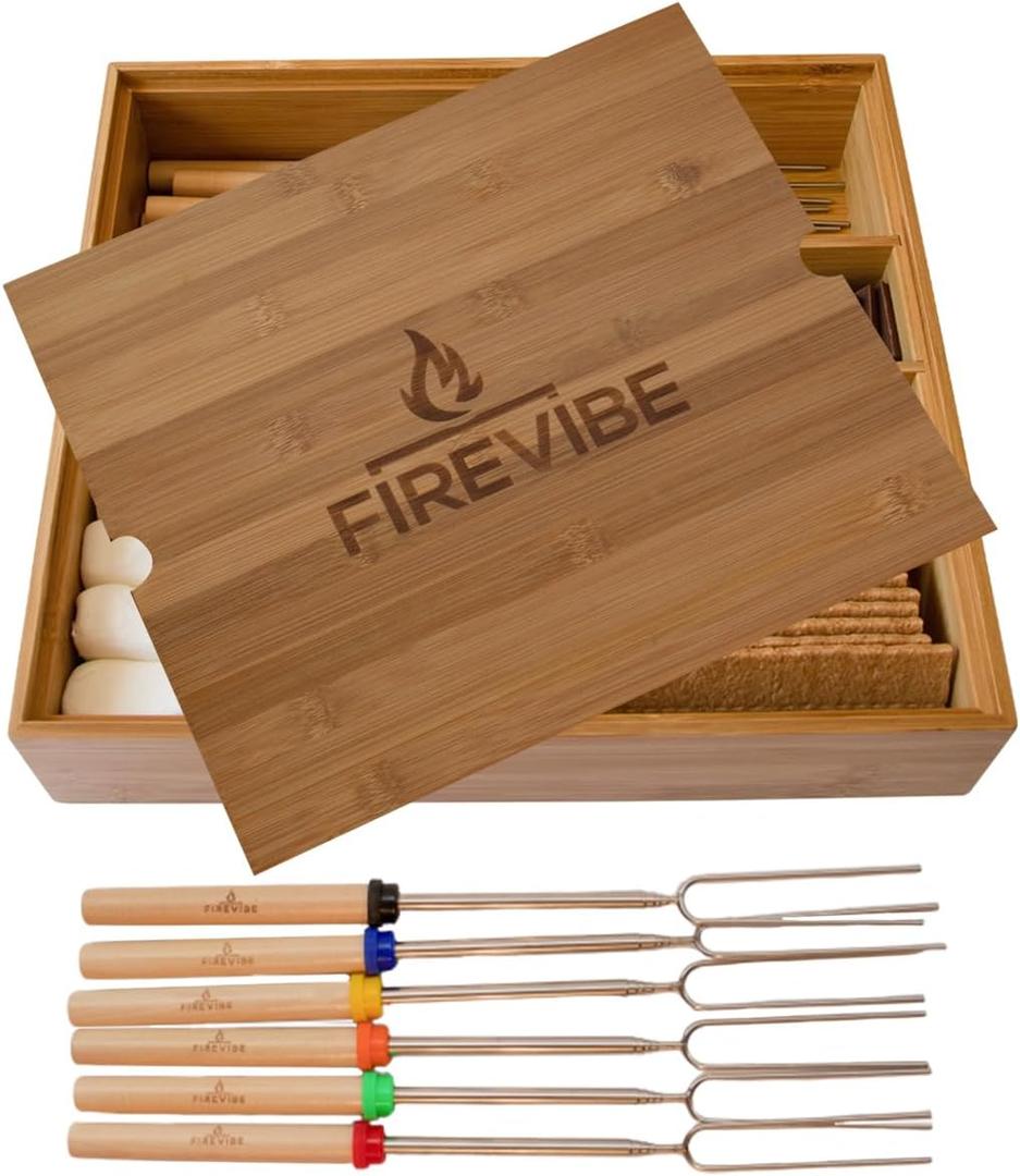 Smores Kit | Custom Bamboo Box with 6 Piece Smores Sticks for Fire Pit Outdoor | Attractive Portable Smores Kit for Fire Pit Outdoor or Indoor Smores Kits | Smore Kit with Smore Sticks