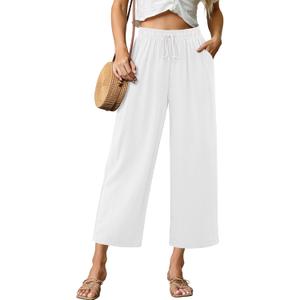 GRAPENT Linen Pants for Women High Waisted Wide Leg Capri Elastic Waist Casual Beach Flowy Cropped Summer Capris Pants (X-Large, Cream White)