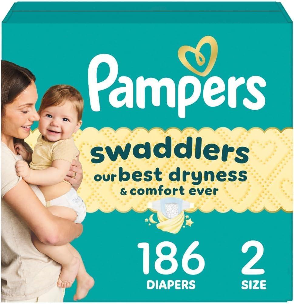 Pampers Swaddlers Diapers, Size 2 (10-22 lbs), 186 Count, Absorbent, Keeps Baby Dry and Comfortable, Skin Safe Disposable Baby Diaper