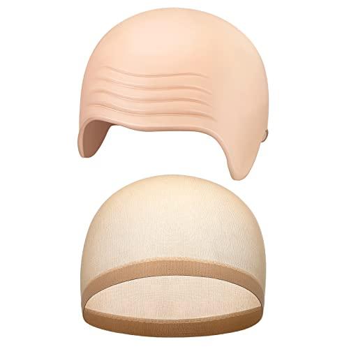 Syhood 2 Pieces Halloween Bald Cap Makeup Latex Bald Head Wig Caps Cosplay Costume for Adults(Beige,Large)