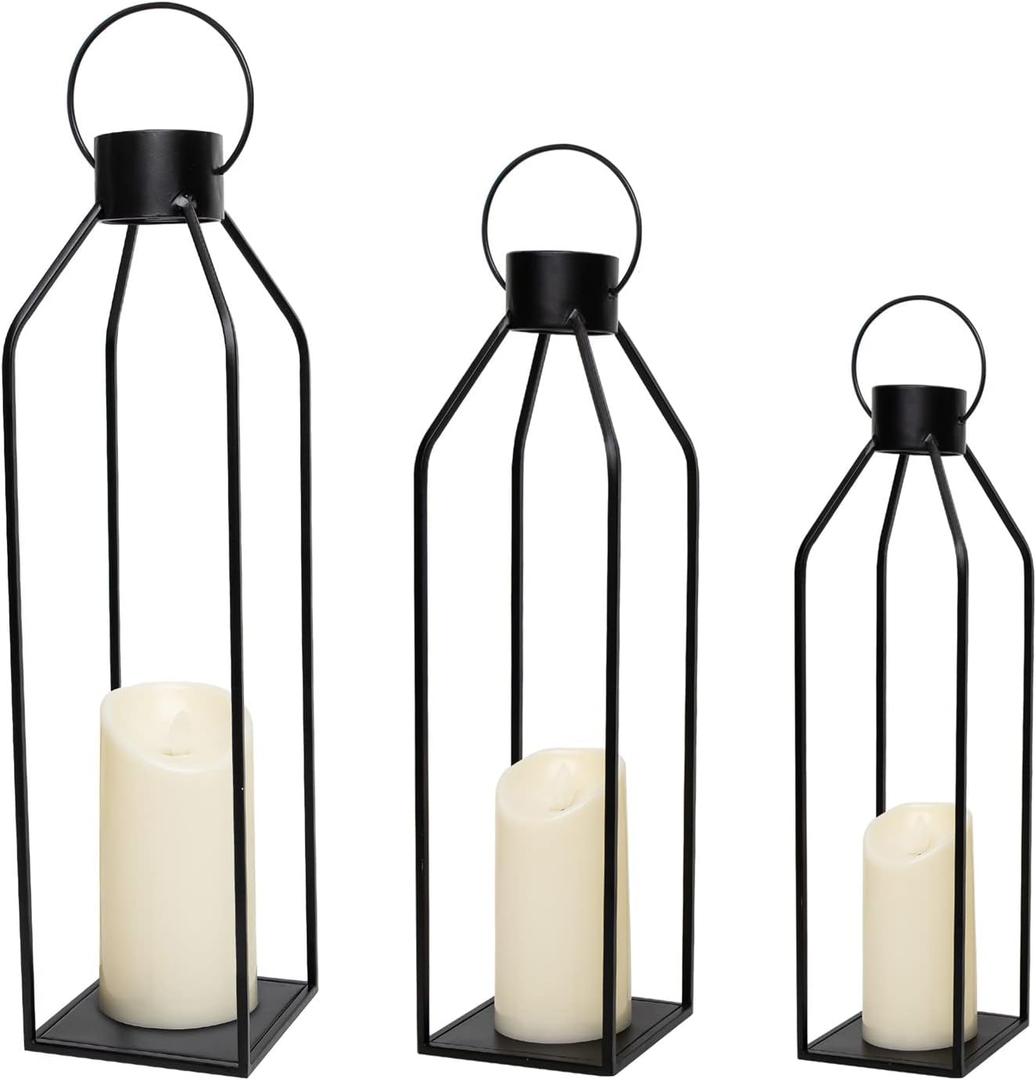 HPC Decor 22'' 19'' 16'' Lanterns Decorative w/Flickering Timer Candles- Tall Large Black Metal Candle Lanterns Set of 3- Modern Farmhouse Decor for Indoor, Outdoor, Tabletop, Porch (No Glass)