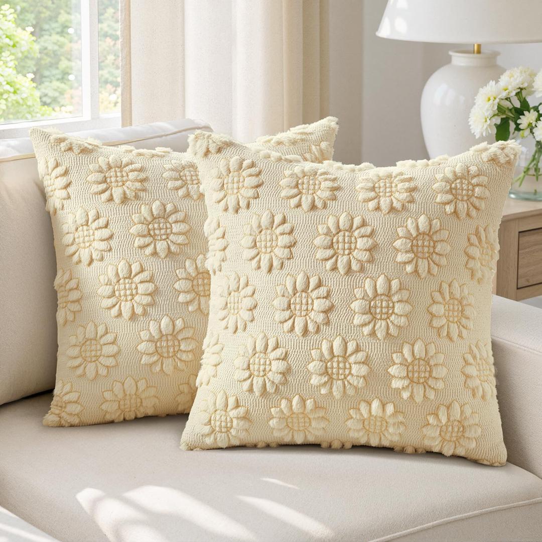 EMEMA Beige Floral Tufted Throw Pillow Covers, Set of 2 Soft Textured Decorative 18x18 Cushion Cases Bringing a Light, Cozy Layer to Sofa, Couch, Bedroom or Modern Farmhouse Living Room Dcor