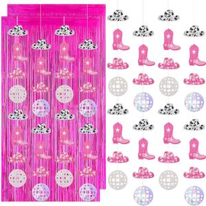 10 Pcs Western Cowgirl Disco Bachelorette Party Decoration Banners Backdrop Foil Curtain Glitter Cowgirl Disco Ball Garland String for Cowgirl Theme Party Booth (Hot Pink)