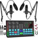 Podcast Equipment Bundle for 2, DJ Mixer with 3.5mm Diaphragm Condenser Microphone for Live Streaming, Podcast Recording,Gaming, Youtube, TikTok, PC, Smartphone