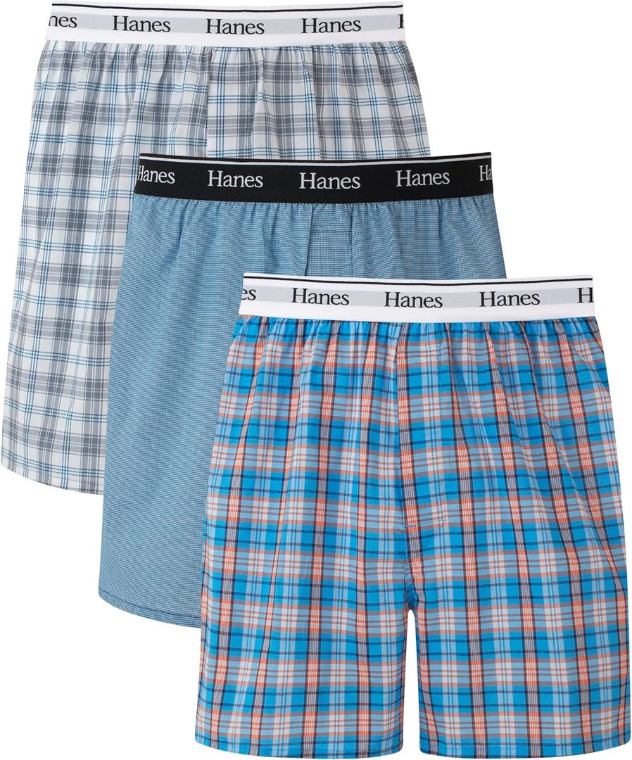 Hanes mens Originals Cotton Woven Boxers Pack, Moisture-wicking Underwear for Men, 3-pack (Small, Blue Plaids)