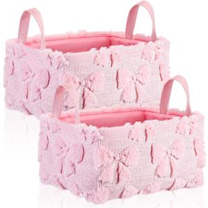 2 Pcs Pink Bow Storage Baskets 14x10 Inch Easter Gifts Baskets Laundry Foldable Fluffy Storage Bin with Handle Spring Coquette Decor Closet Organizer for Countertop Tabletop Shelf