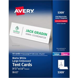 Avery Printable Tent Cards, 3.5" x 11", White with Embossed Border, 50 Blank Place Cards for Laser and Inkjet Printers (5309)
