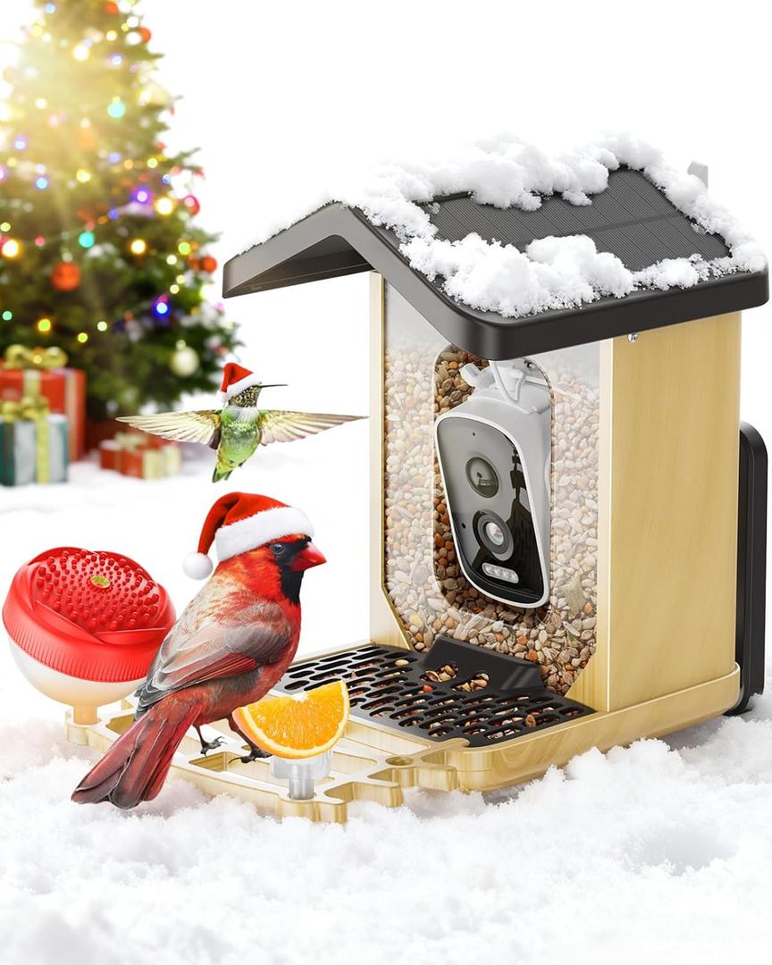 Bird Feeder with Camera Solar Powered, Bird Feeders for Outdoors with DIY Add-ons - Honey Jar & Fruit Fork & Squirrel Proof Net & 32GB SD Card, AI Identify Birds, Ideal Present for Birdlover