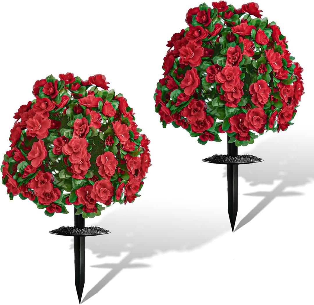 Artificial Flowers for Outdoors, Faux Outdoor Plants Fake Plants Topiary Balls Artificial Outdoor Set of 2 with Ground Spike for Home Front Porch Patio Garden Decor (Red)