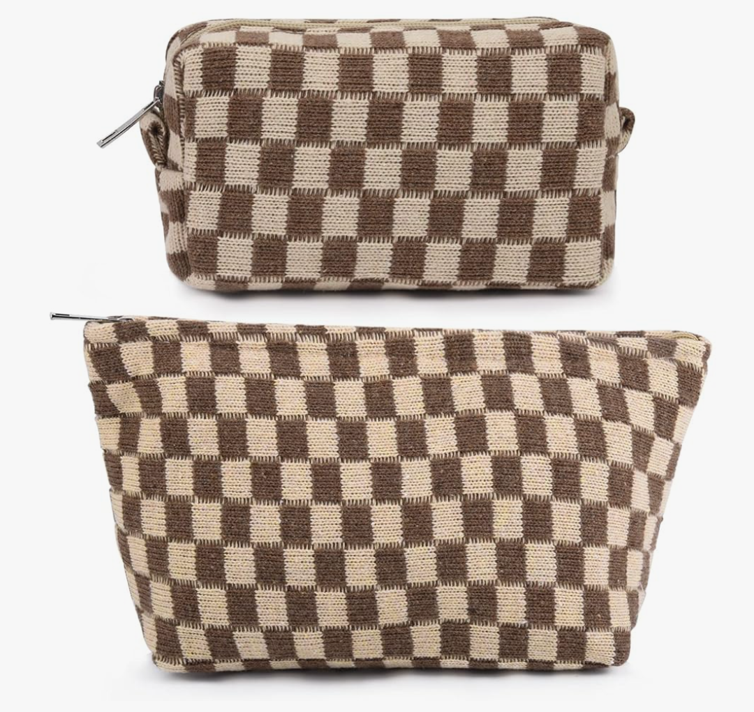 2 Pieces Makeup Bag Large Checkered Cosmetic Bag Capacity Canvas Mix Travel Toiletry Bag Organizer Cute Makeup Brushes Aesthetic Accessories Storage Bag for Women, Checkered Mix Brown
