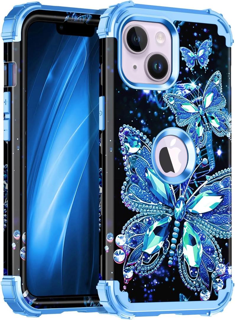 Miqala Compatible with iPhone 13 Case & iPhone 14 Case,Glow in The Dark Three Layer Heavy Duty Shockproof Hard Plastic Bumper+Soft Silicone Protective Case for iPhone 13/14 6.1 inch,Blue Crystal