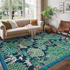 GarveeHome Jungle 8x10 Area Rug Washable Rugs for Living Room, Forest Rug Non Slip Low Pile Soft Indoor Stain Resistance Animal Print Carpet for Bedroom Dining Room Playroom Nursery, Blue