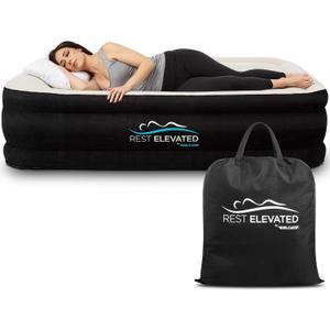 RestElevated Luxury Pillow Top Queen Size Air Mattress with Built in Pump | 20" Raised Height with Coil Beam Support | Adjustable Blow Up Air Bed | for Home, Guests and Camping [Black with Cream Top]