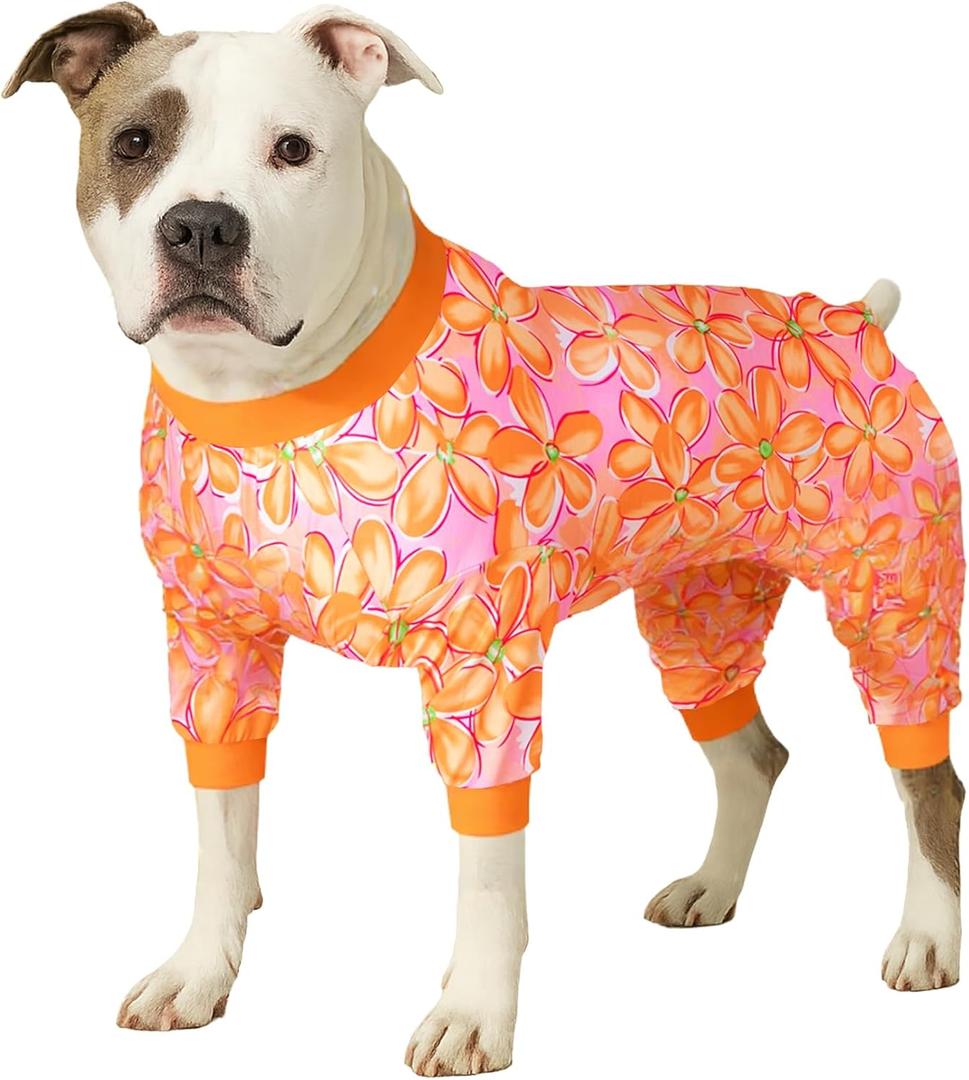 LovinPet Dog Clothes Large Breed, Anti Licking Shirt, Wound Care Post Surgery Dogs Pajamas, Lightweight Stretchy Skin-Friendly Fabric, Orange Daisy Print,Use for Travel, Parties, and Home, Orange M