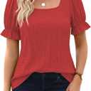 Womens Summer Tops Puff Short Sleeve Cute T Shirts Dressy Casual Square Neck Blouses Clothes (Red)
